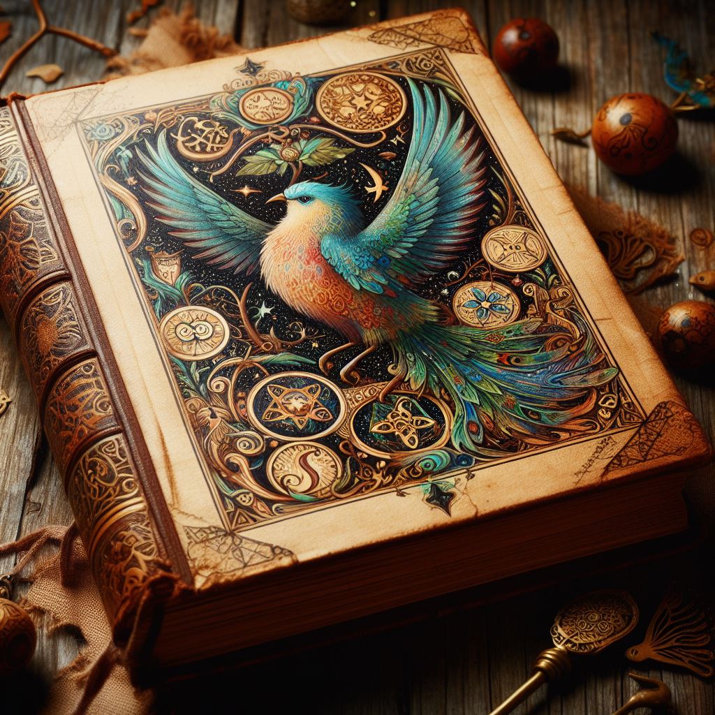 An old ornate book with a bird on the front with lots of magical inscriptions.