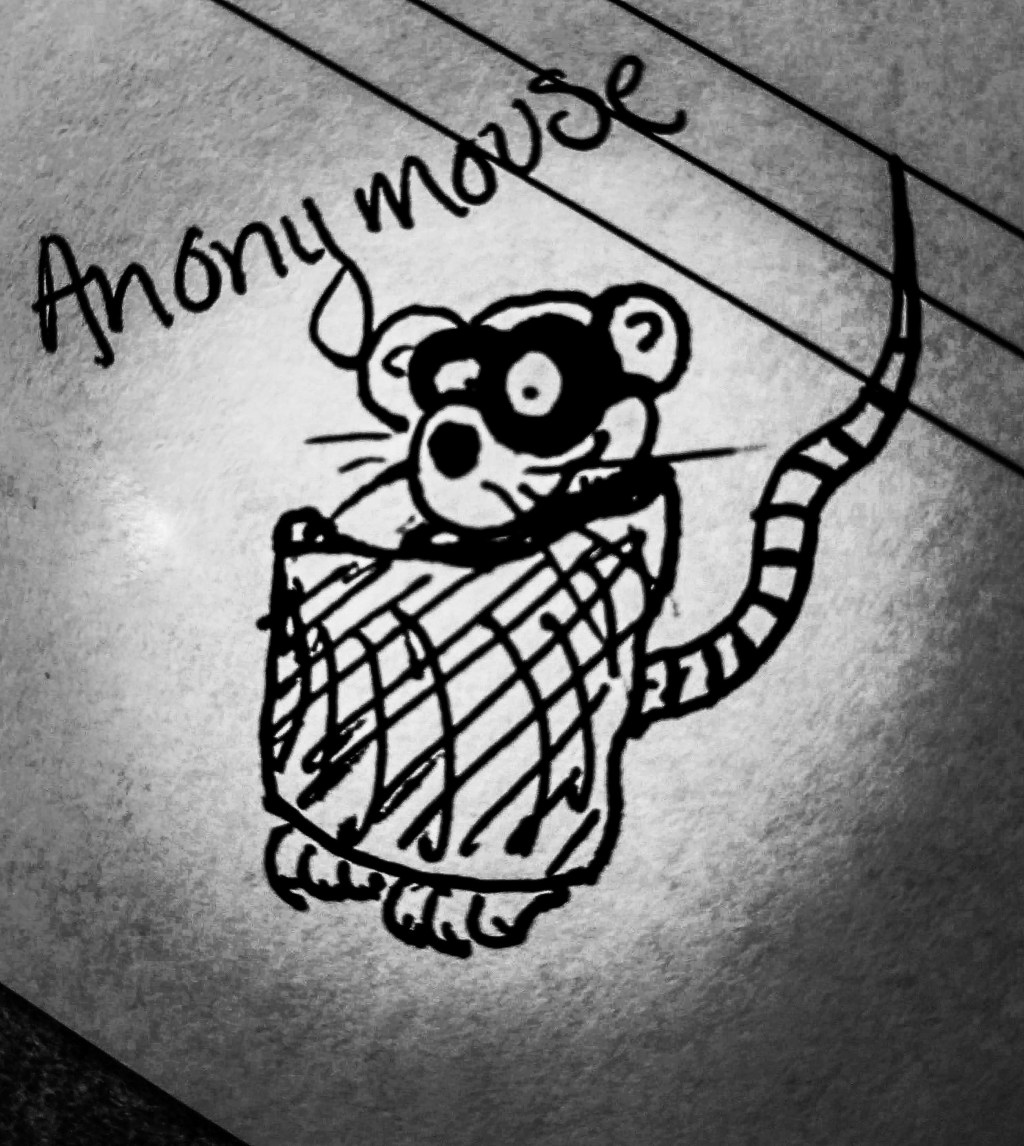 A drawing of a mouse with a mask and a cape with the word "Anonymouse" written above it.