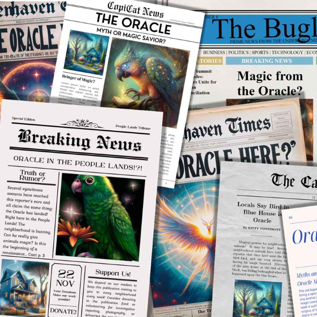 a variety of newspapers and articles all talking about the Oracle coming to the People Lands and discussing his ability to bestow magic on other animals.