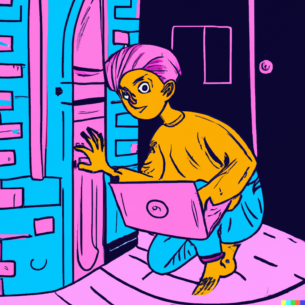 a non-binary person with pink hair crouching behind a hidden door with a laptop on their lap.