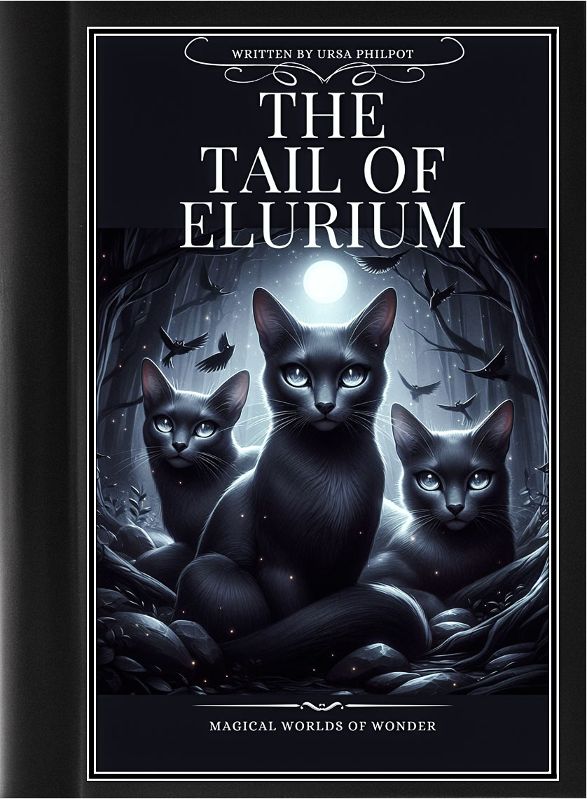 A black book cover with three cats with shining silver eyes in a magic forest titled "The Tail of Elurium"