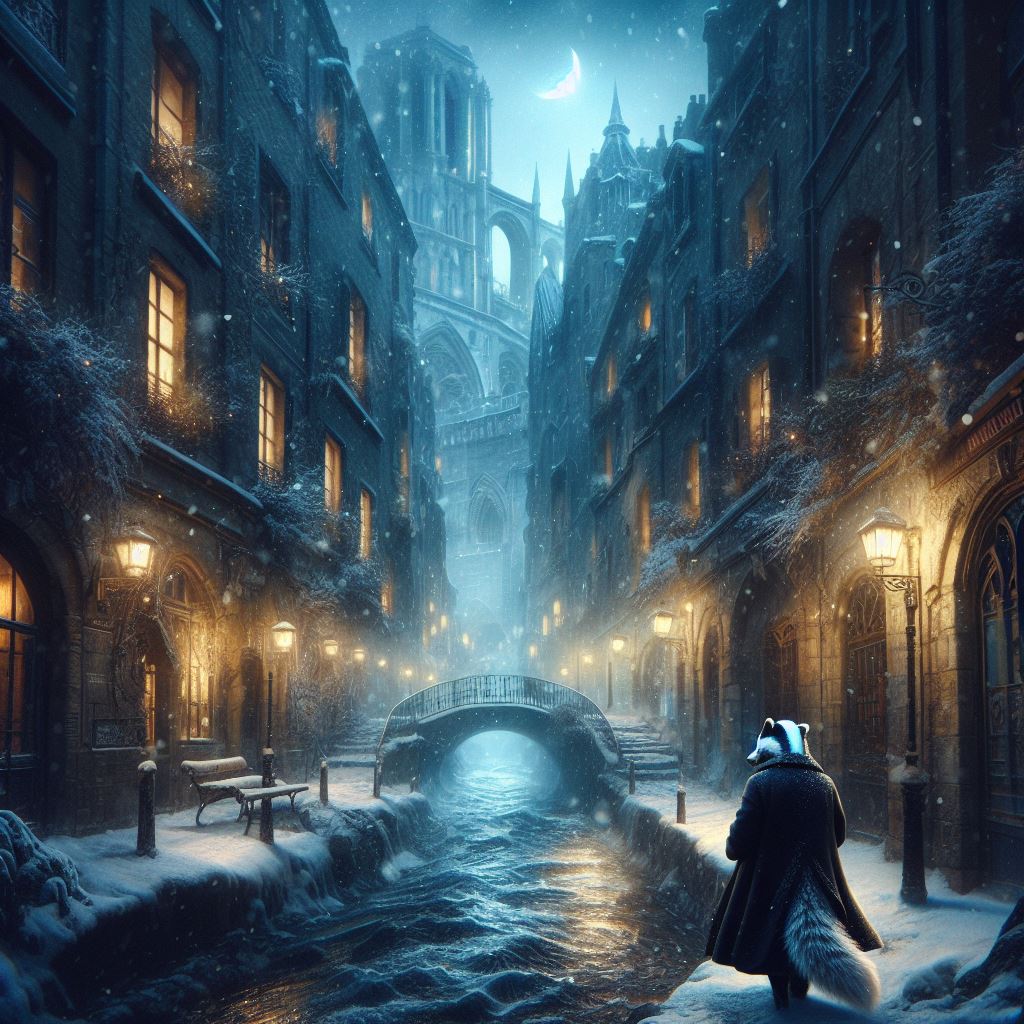 A badger in a long coat looking at a turbulent river running through a underground city. Snow is falling and there is snow on the ground.