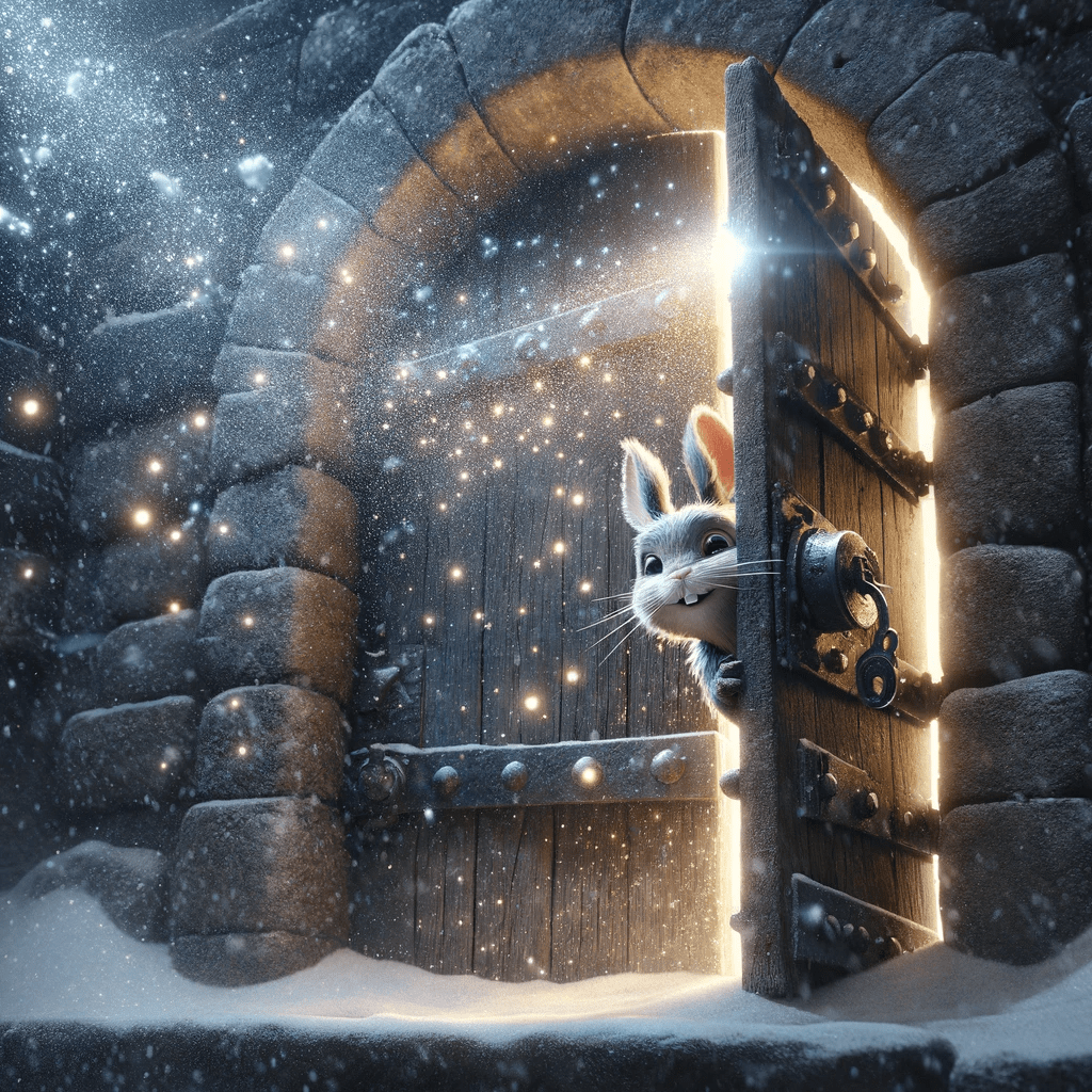 A rabbit peers out a heavy door into the snow looking welcoming and excited.