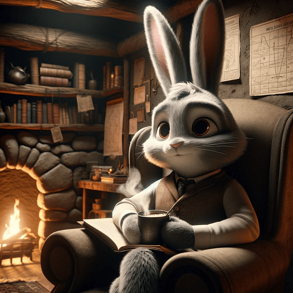A rabbit sits by a fire in a rustic study wearing a vest and holding a steaming cup of tea. There is a book open on its lap and it looks content.