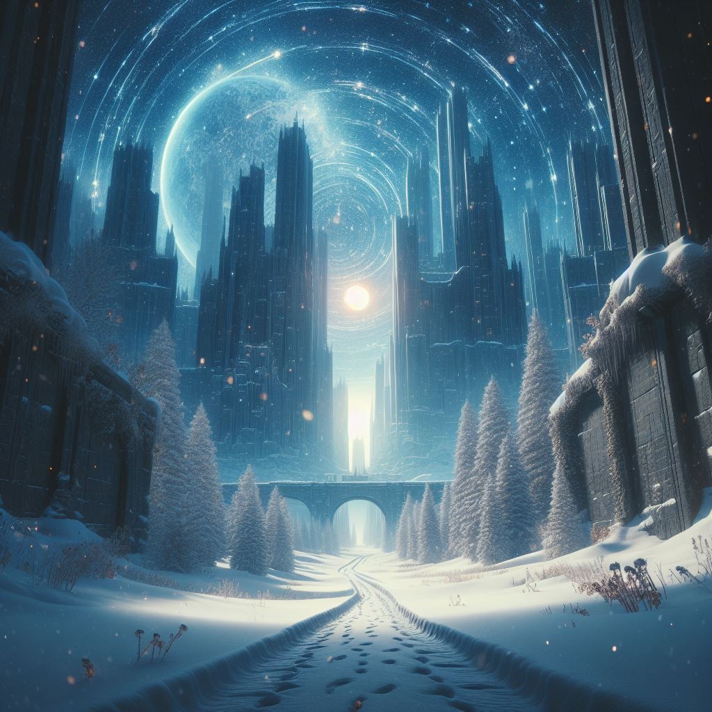 A city in the middle of a magical snowstorm at night under a full moon. There are two sets of tracks leading away.