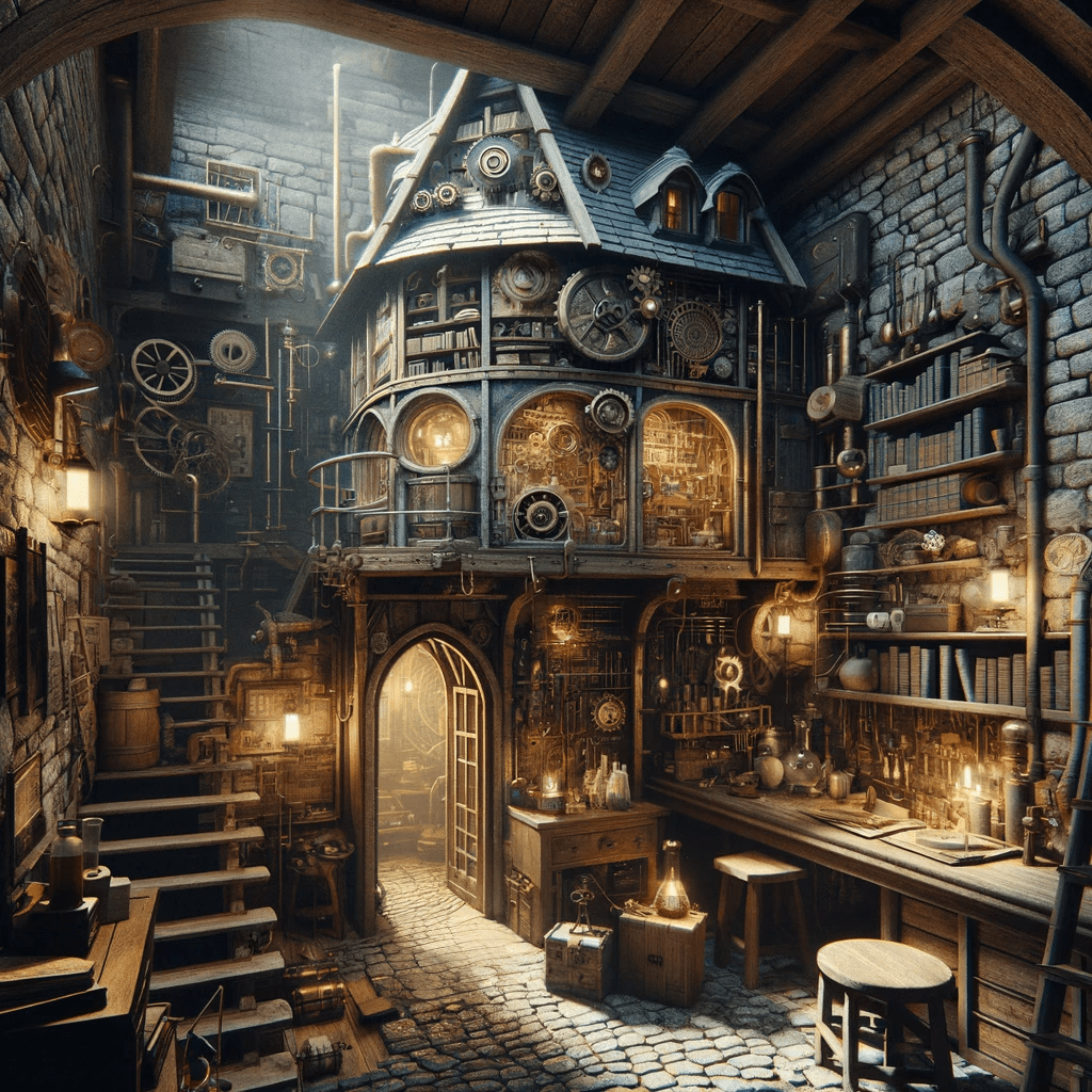 An underground secret hideout with a rustic steampunk look. Stairs lead up to a laboratory and a workbench has books and charts on the wall.