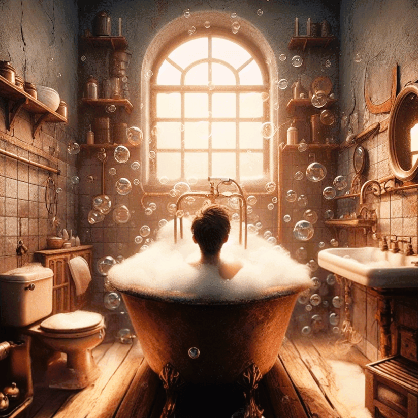 A person in a bathtub filled with bubbles and large bubbles floating in the air.