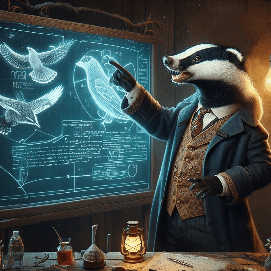 A badger wearing a waistcoat and jacket explaining an overhead with birds and portals and writing.