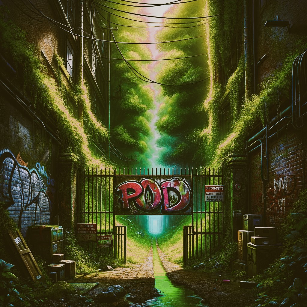 A gate across an alley separating city alley from greenspace with towering trees. There is a sign on the gate spray painted with the letters P.O.D.