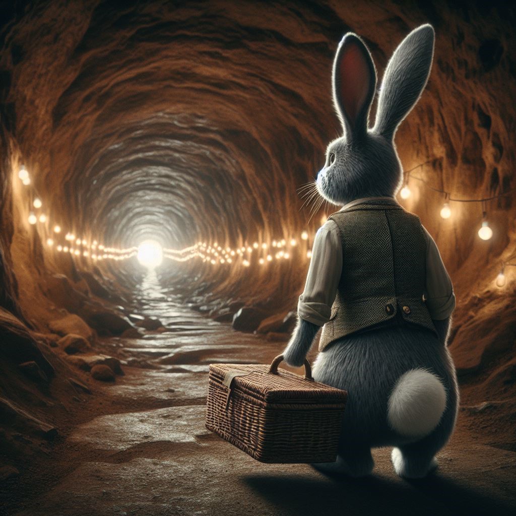 A grey rabbit wearing a shirt and vest looks down a long tunnel lit with string lights. The rabbit is carrying a picnic basket.
