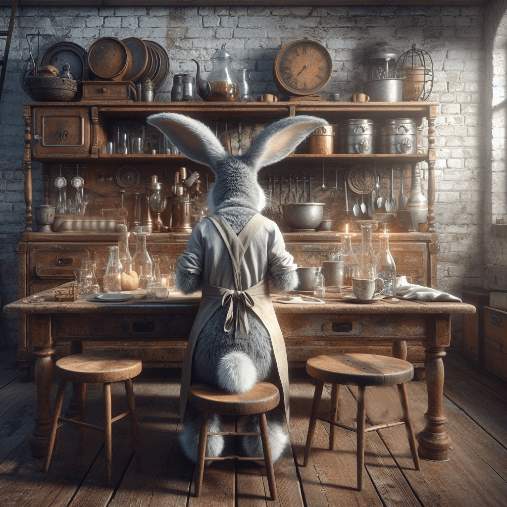 A rabbit wearing an apron standing at a table preparing food.