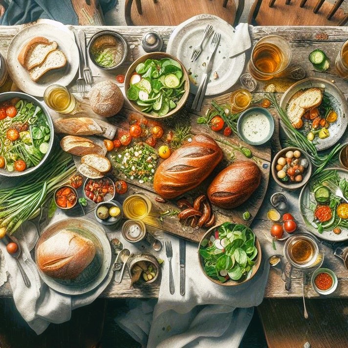 A table covered with various foods, bread, vegetables, dips, soup, napkins and tableware.