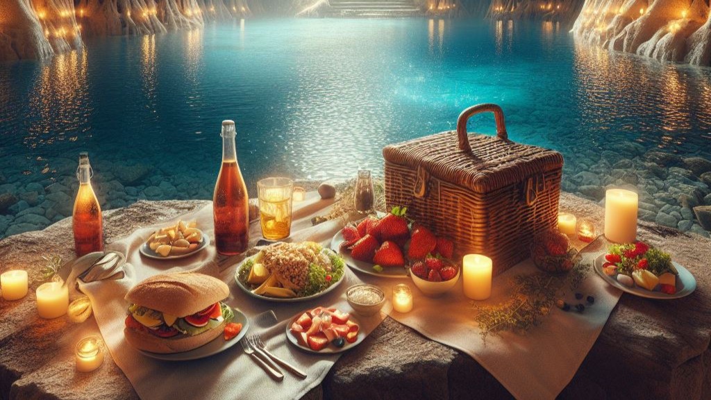 A picnic set on the shore of an underground lake with sandwiches, fruit, and bottles of soda.