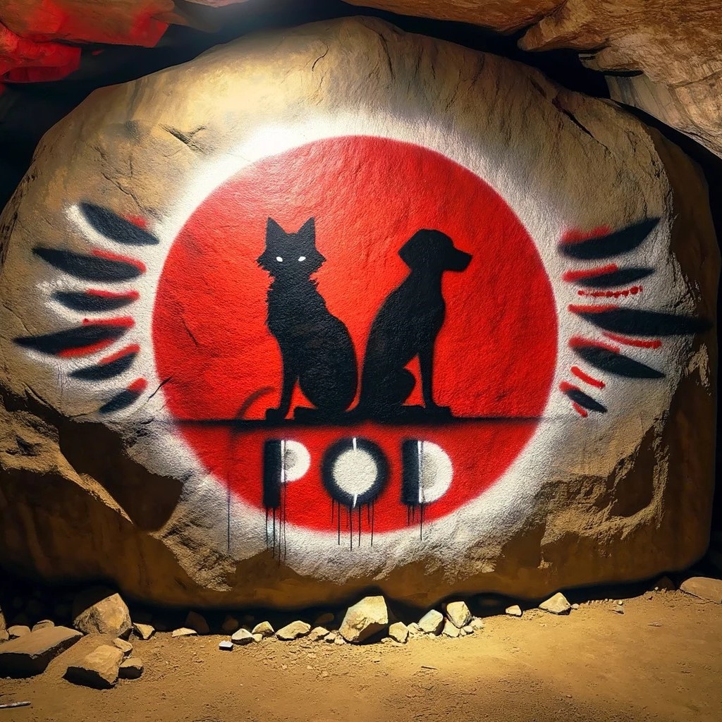A boulder spray painted with a red circle with the silhouettes of a cat and dog sitting back to back, there are wings painted around the circle and the letters P.O.D. painted underneath in dripping paint.