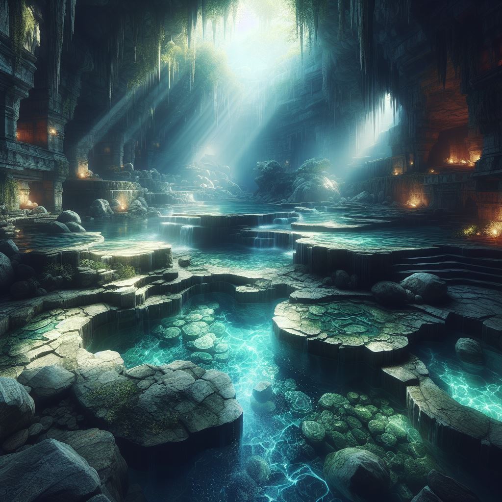 A cavern with clear sparkling pools of water in a spa-like environment.