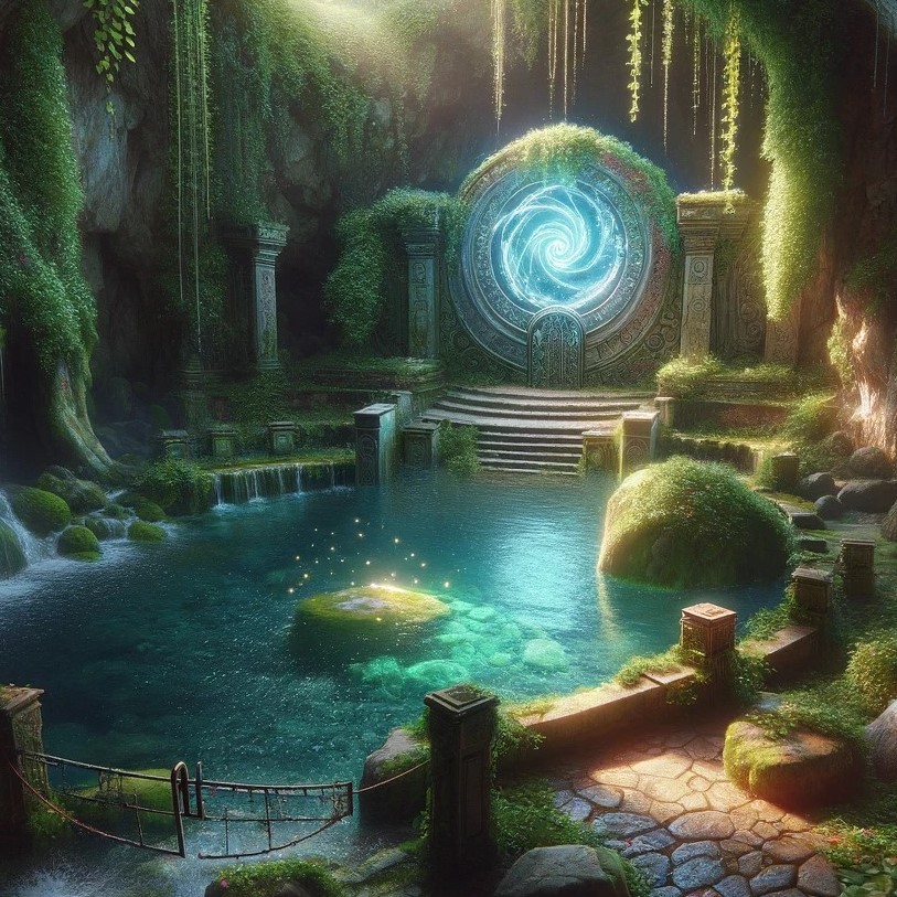 A glowing portal in an underground cavern with a sparkling pool of water and a gated pathway.