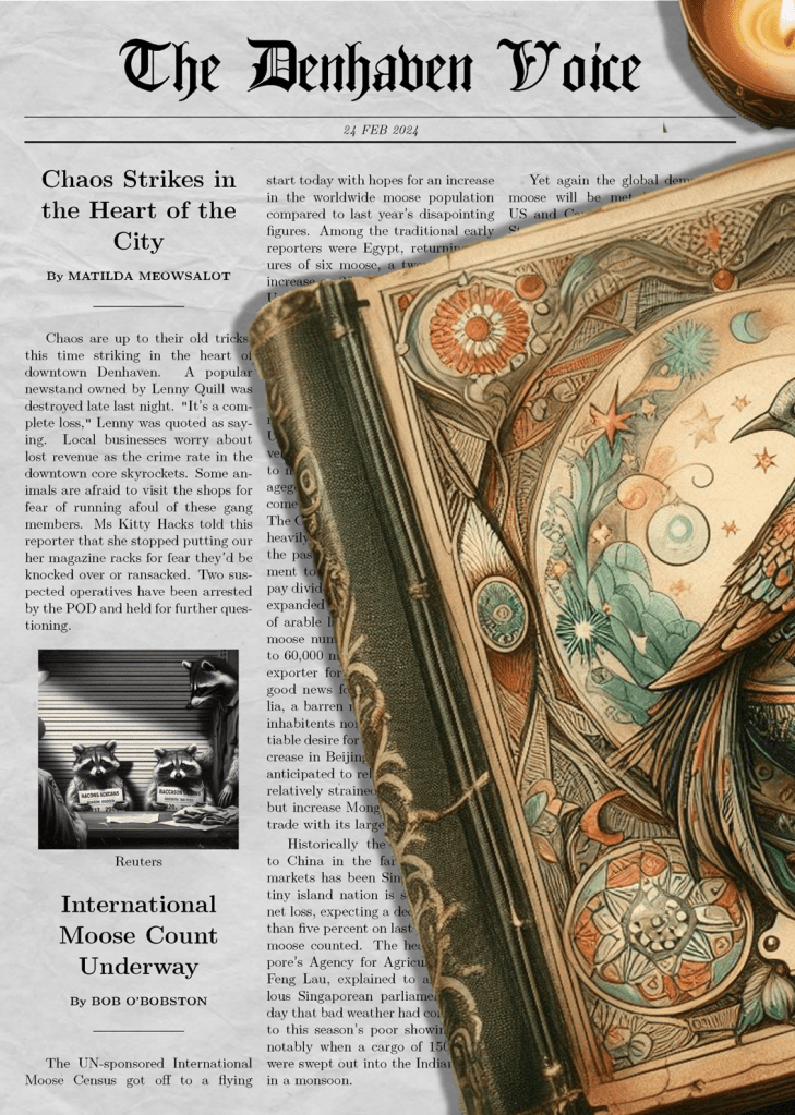 A newspaper titled The Denhaven Voice with a lead article titled Chaos Strikes in the Heart of the City by Matilda Meowsalot