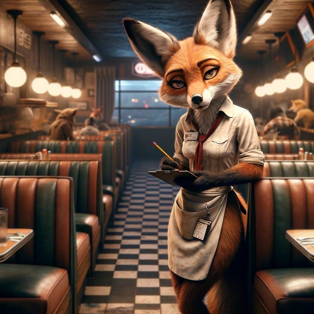A fox that is a waitress holding a order pad and a pencil in an all night diner in the underground animal city. She looks wary.