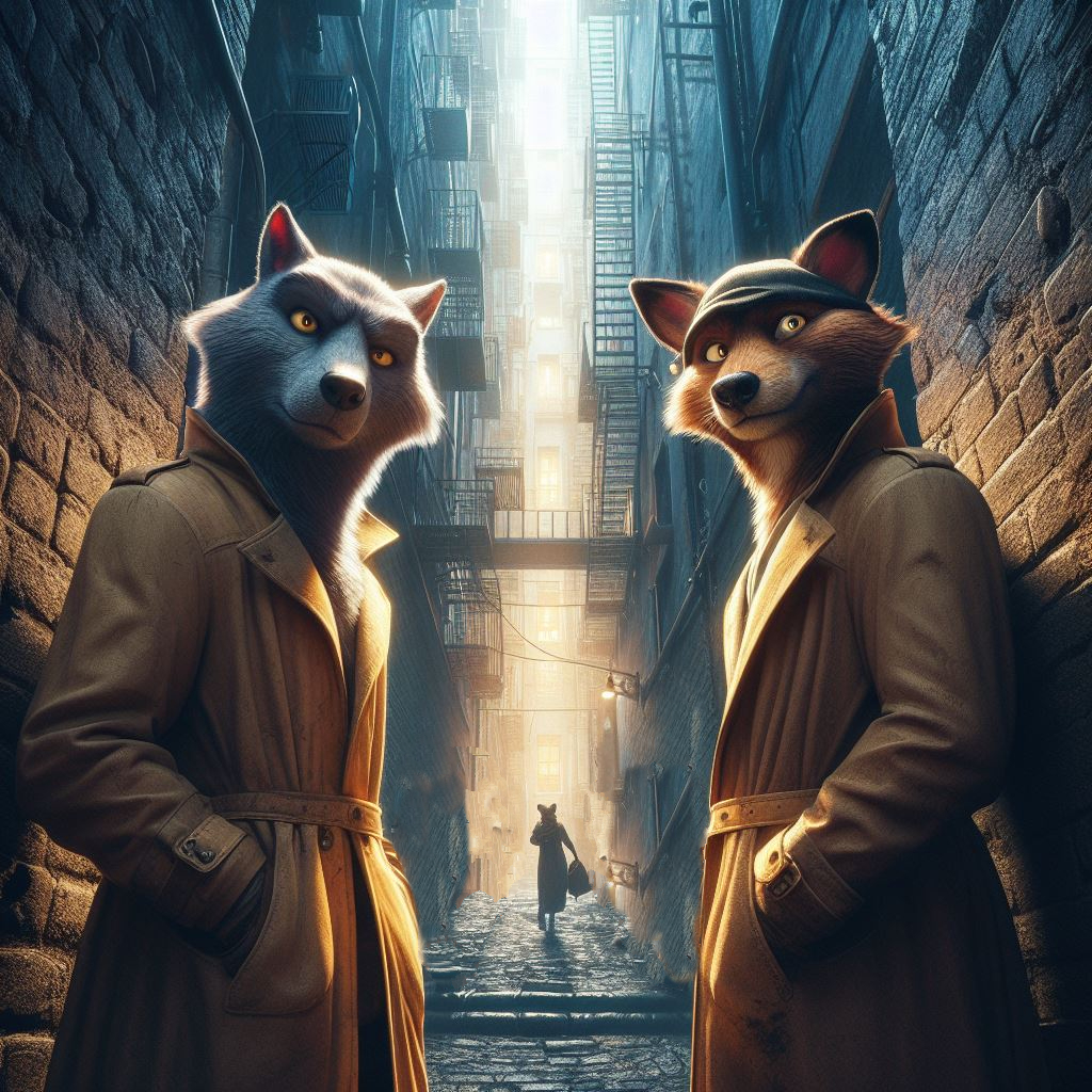 Two tall animals wearing tan trench coats standing in a dark alley and looking menacing.