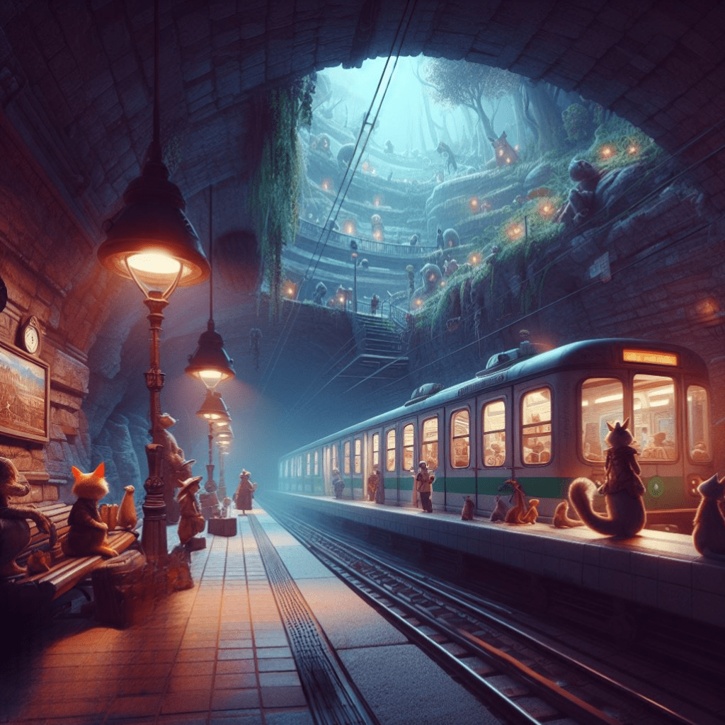 An underground rail station, dimly lit, with animals waiting to get on the train.