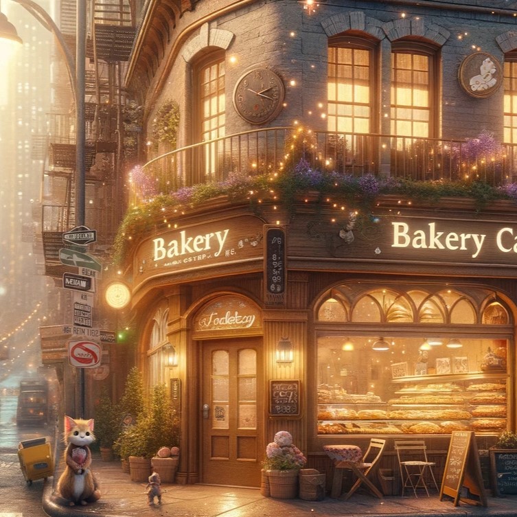 A bakery cafe on a city sidewalk