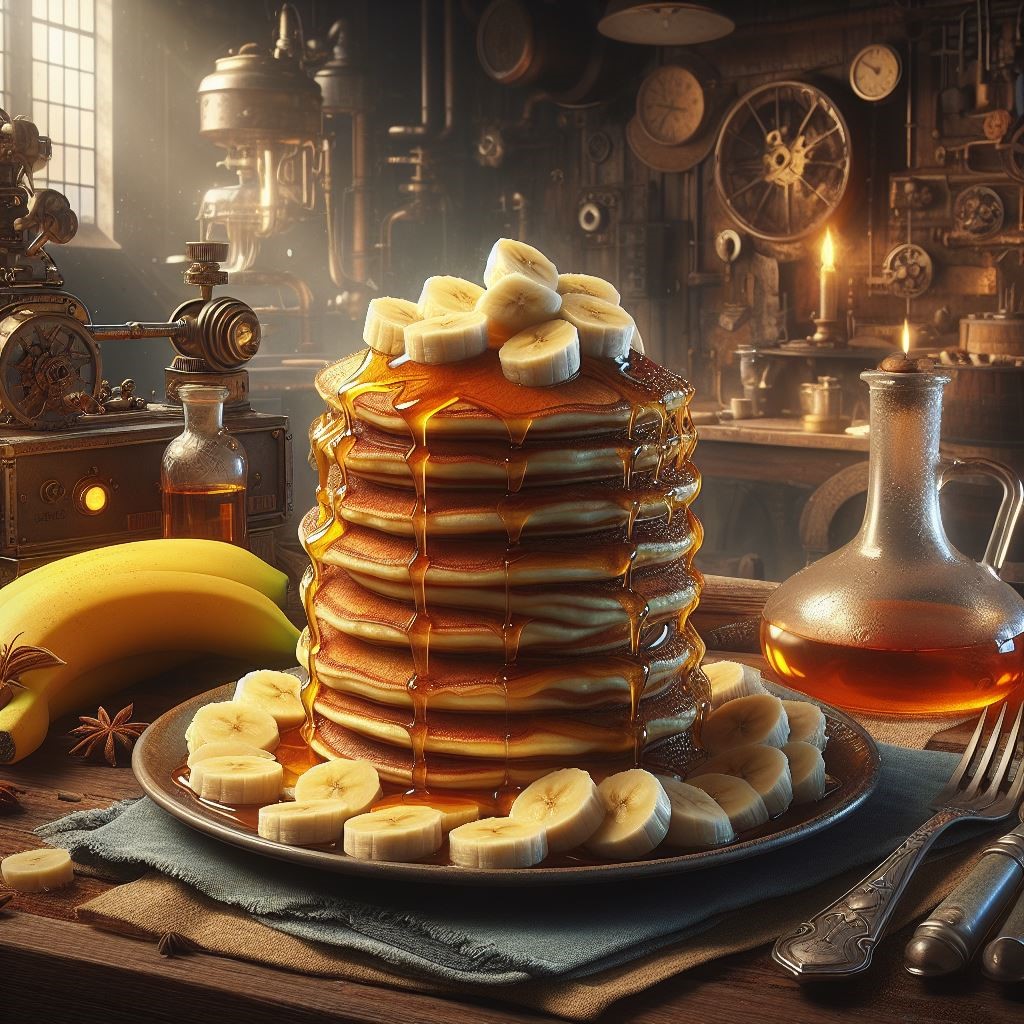 A huge stack of pancakes dripping with syrup and covered in banana slices