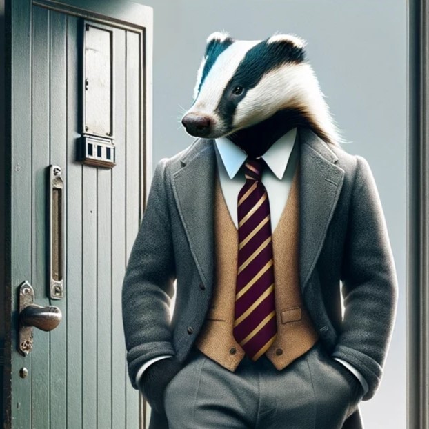 A badger in a brown waistcoat and grey suit walking through a door with a window in it.