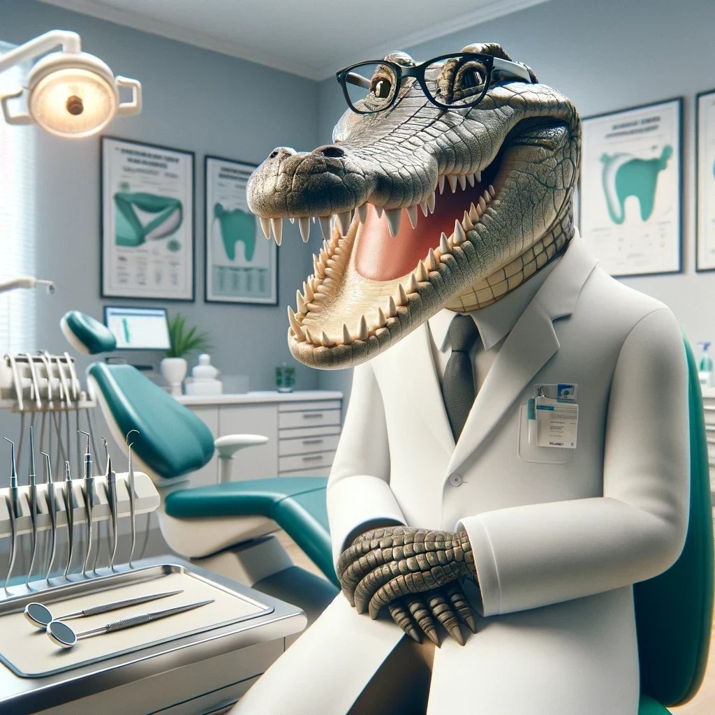 A crocodile dentist wearing glasses and a lab coat and smiling.