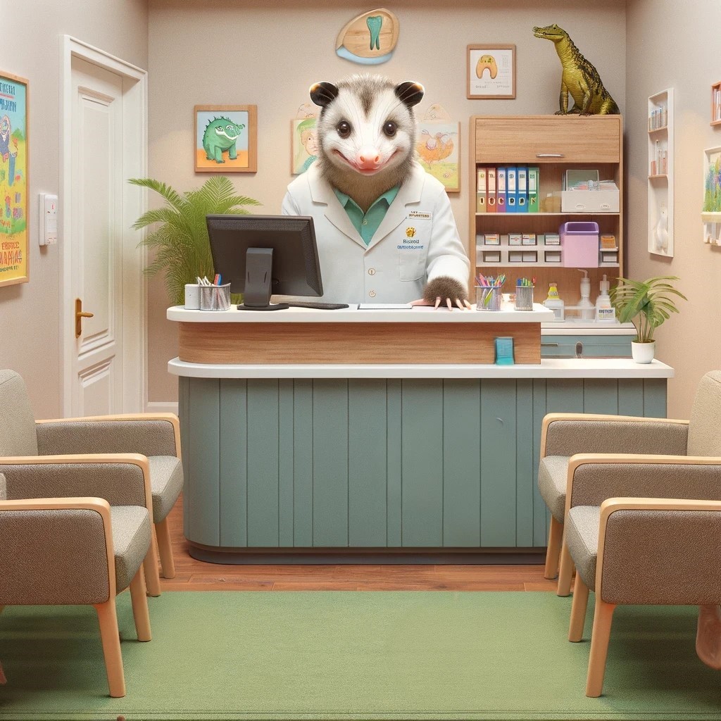 A waiting room at a dentist's office with an opossum behind the reception desk smiling.