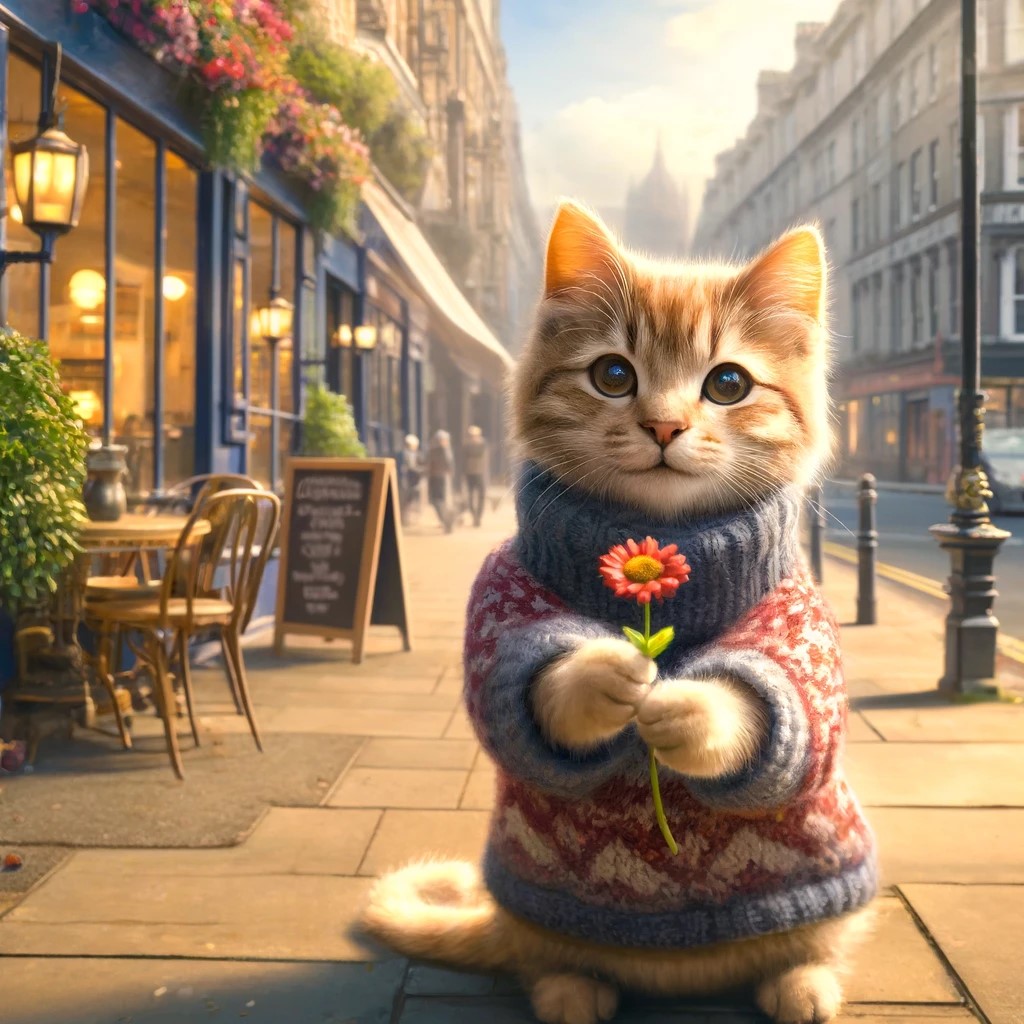 A small cat wearing a sweater and holding a flower on a city street outside a cafe