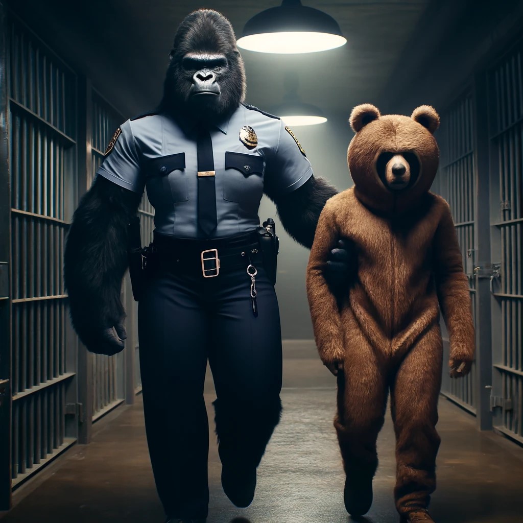 A gorilla police officer escorting a human in a bear costume from a jail cell.