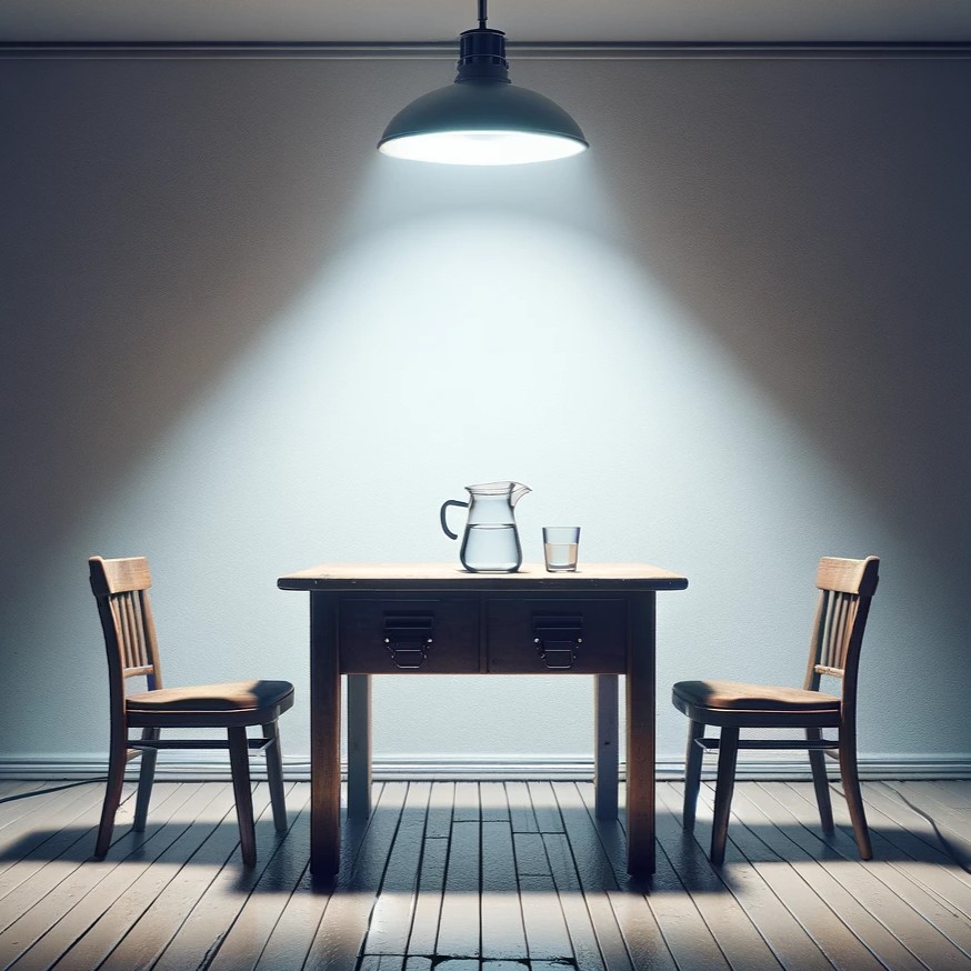 A table with a pitcher of water and a glass of water with two chairs and a light overhead