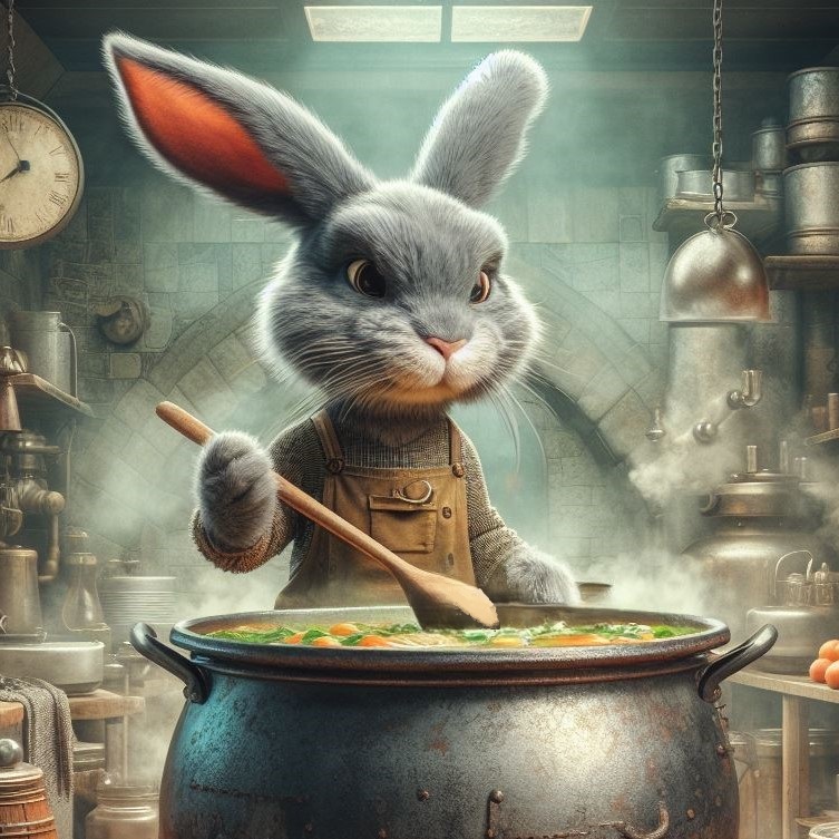 A grey rabbit stirring a big pot of vegetable soup and looking angry
