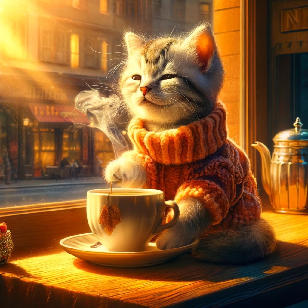 A kitten in a sweater enjoying a cup of tea in the window of a cafe