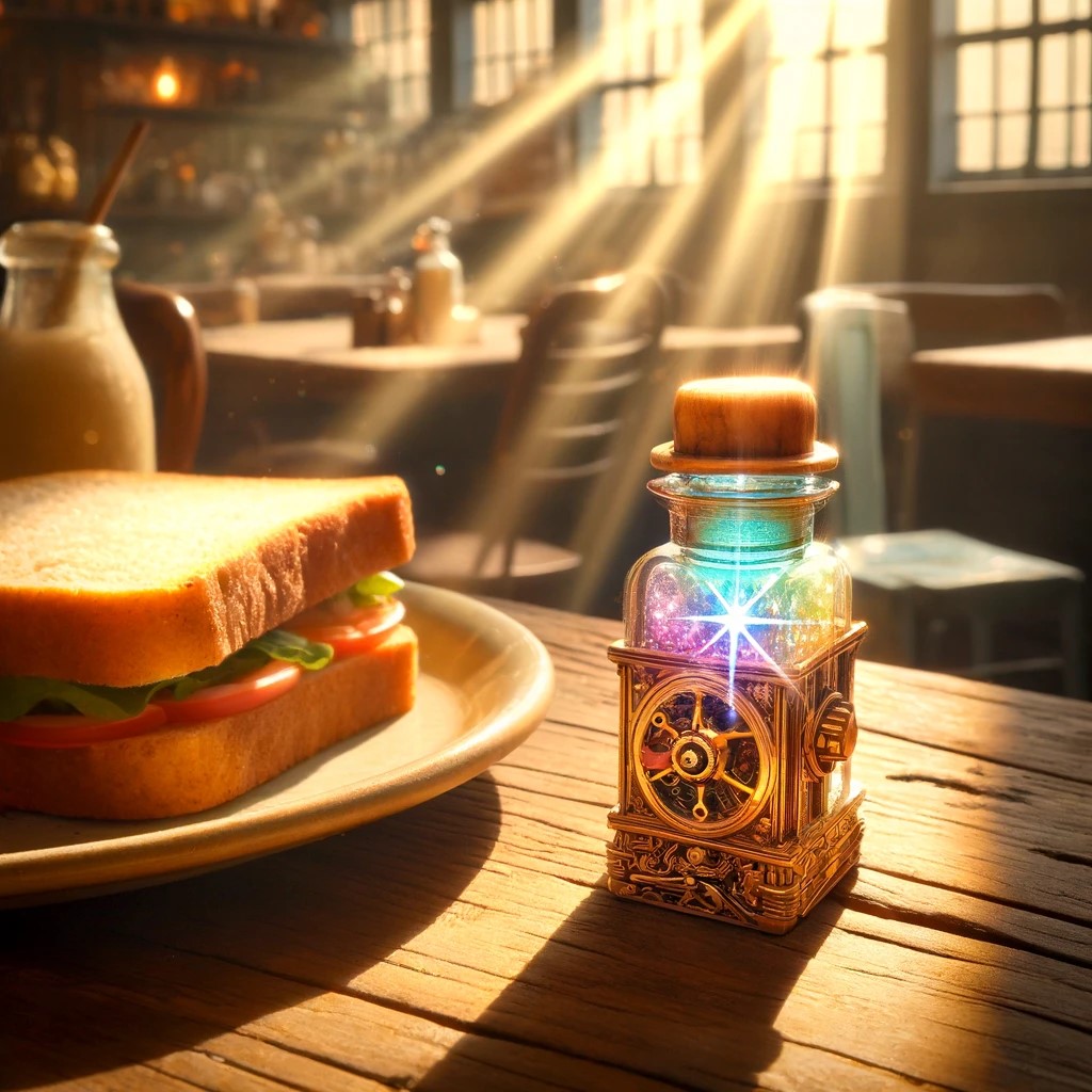 A small ornate vial of sparkling magic on a table next to a sandwich