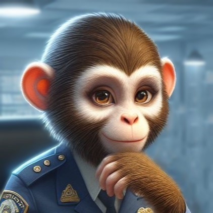 a female monkey police officer looking at the camera and smiling