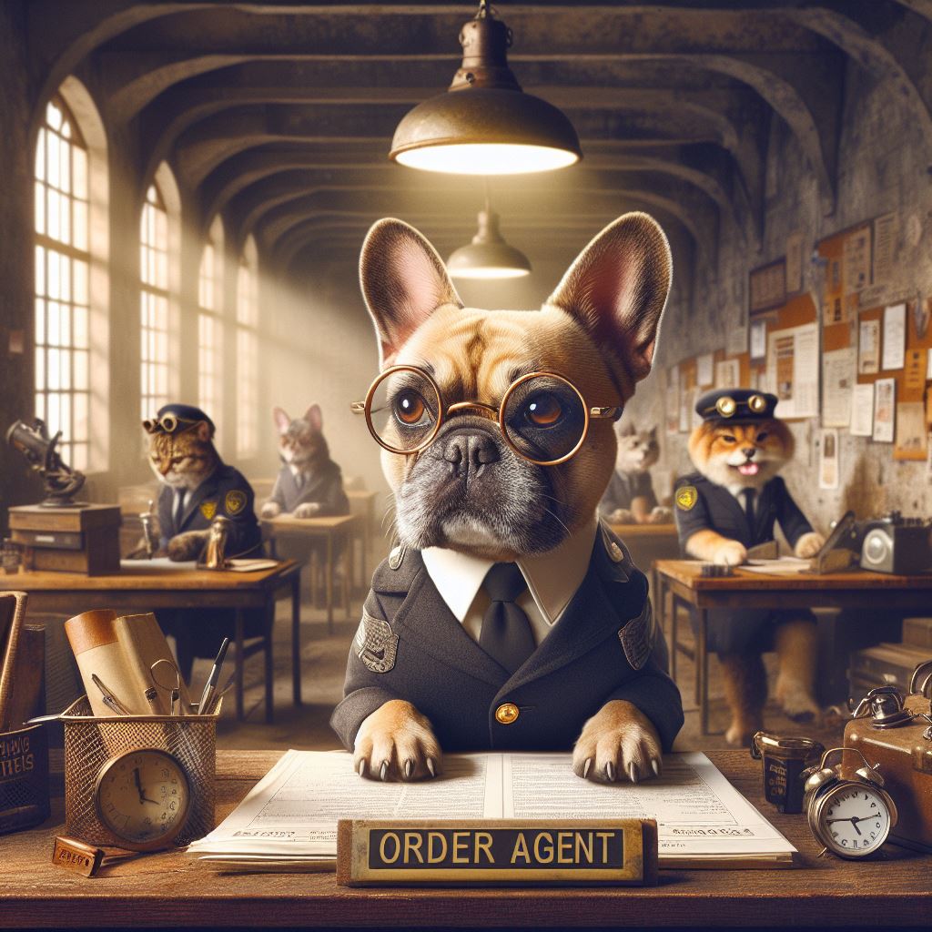 A pug in uniform sitting at a desk with a name plate that says "Order Agent" on it