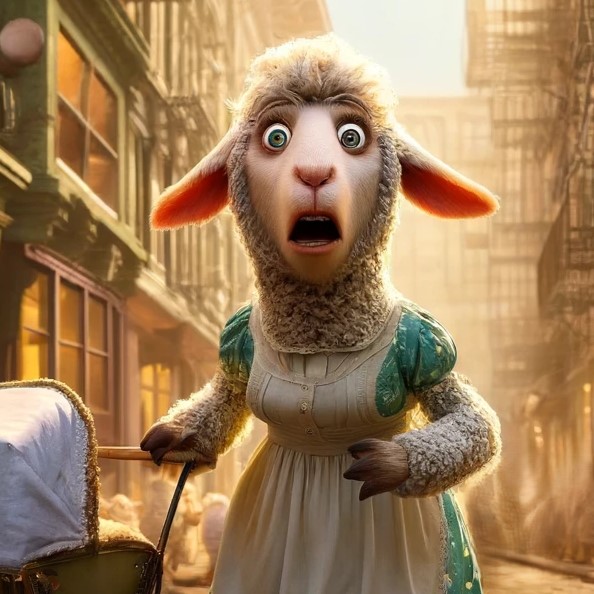 A shocked sheep in a green dress pushing a baby carriage on the sidewalk of a city street