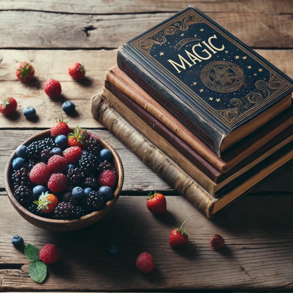 A bowl of mixed berries sitting on a wooden table next to a stack of magic books.