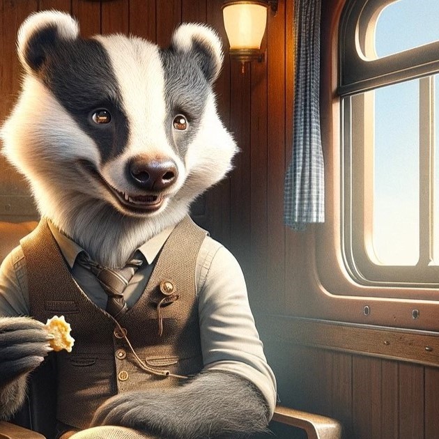 A badger in a vest sitting on a train and enjoying a crisp bread