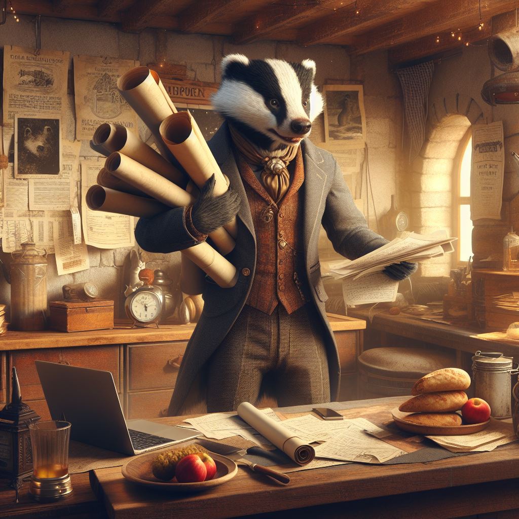 A badger wearing a vest and slacks and holding rolls of poster paper and notes