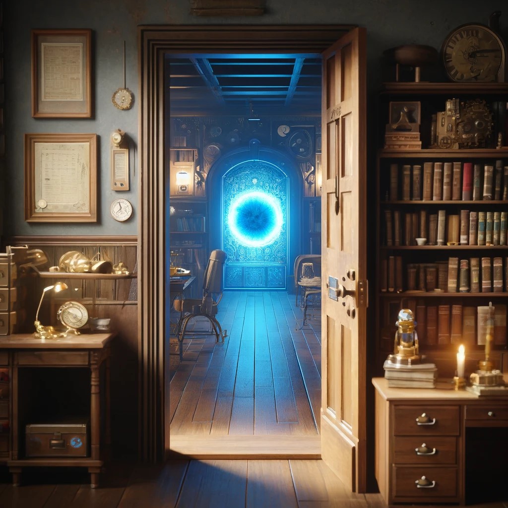 A glowing portal seen through the door of a study