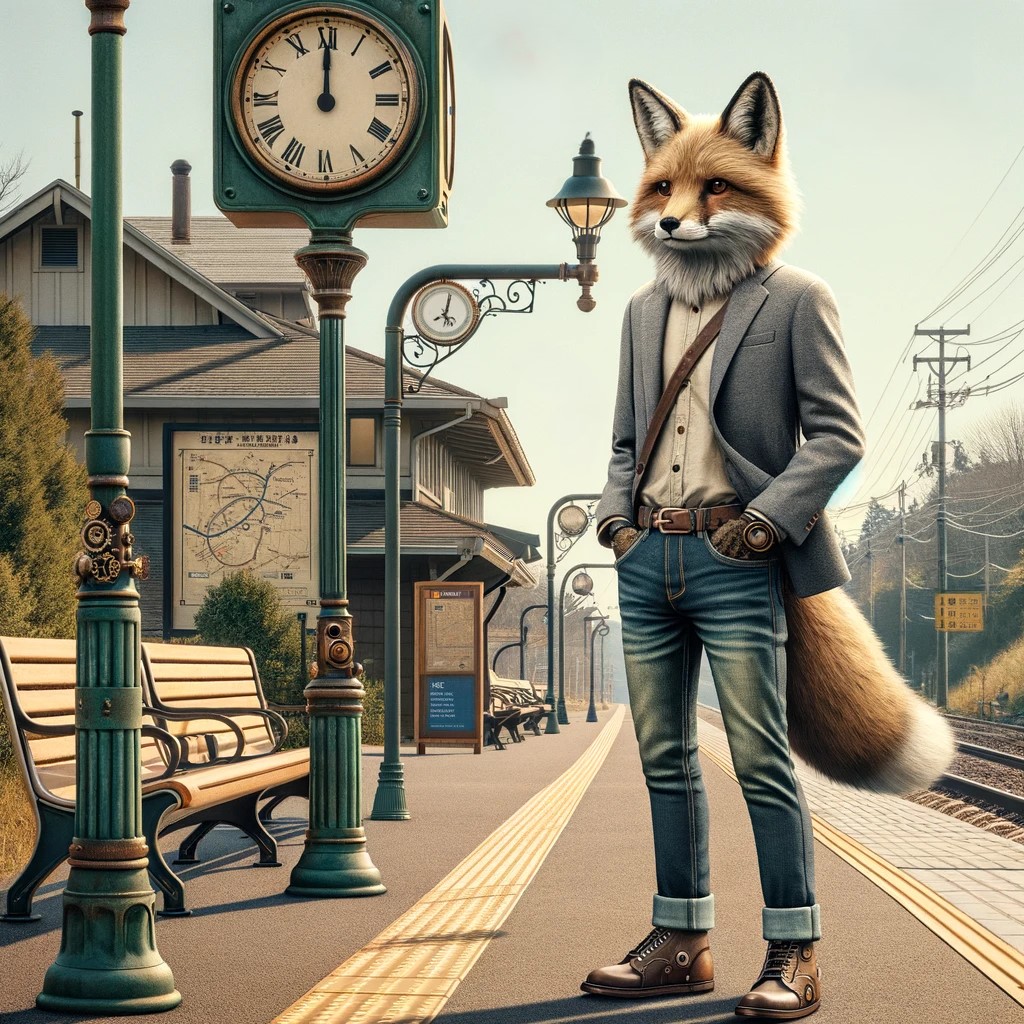 A fox in jeans and a blazer waiting for someone at a train station.
