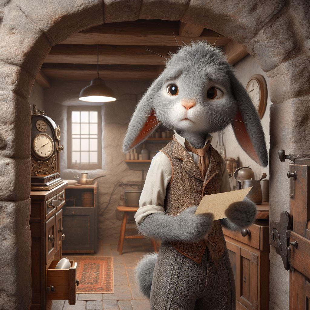 A grey rabbit holding a letter and looking sad.