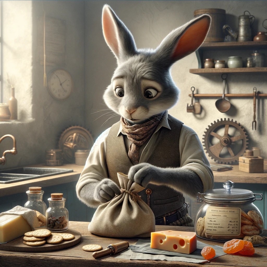 A grey rabbit looking sad and packing snacks into a bag