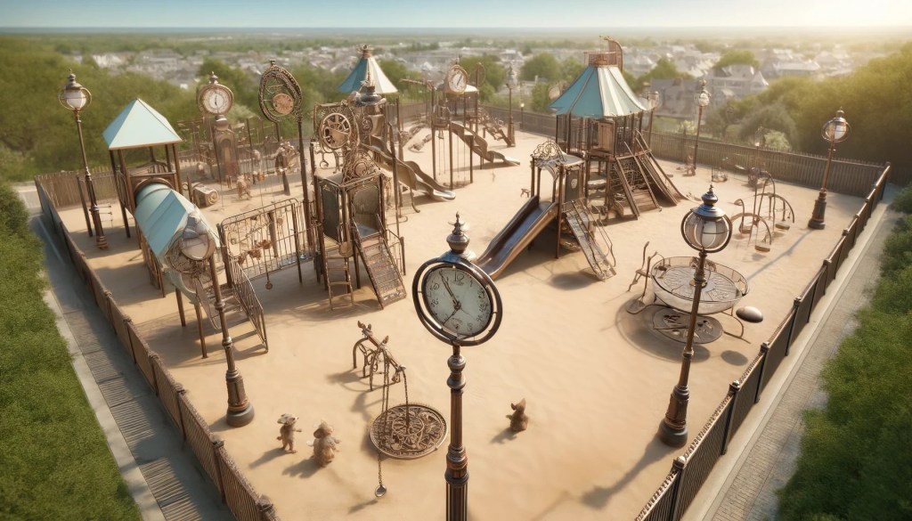 An overhead view of a playground in a suburban neighborhood with young animals playing
