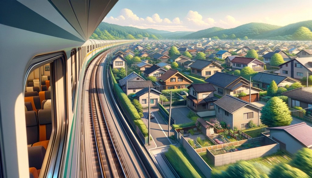 A sweeping view from the train of a suburban neighborhood