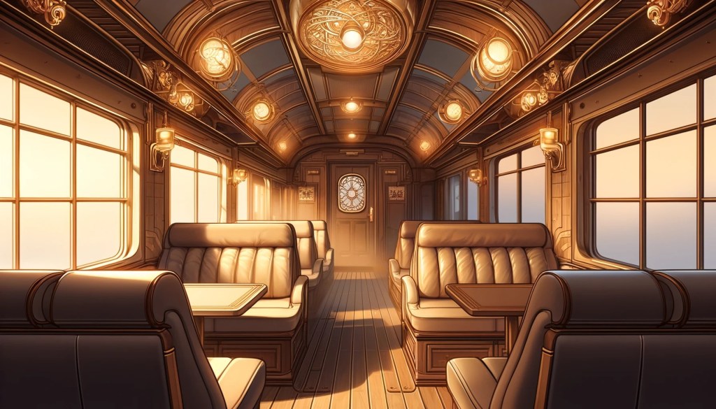 The interior of a train car with comfortable couches and tables