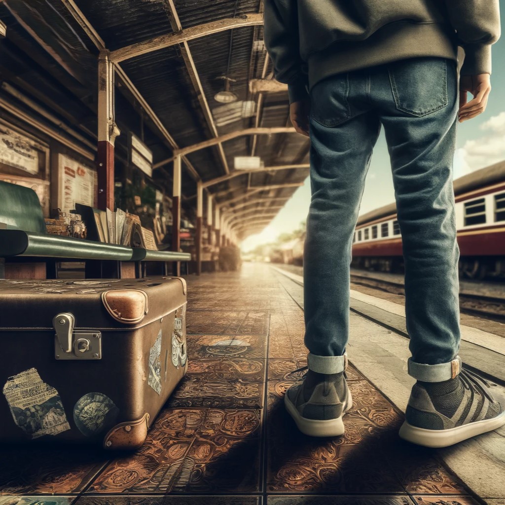 A view from behind of the legs and hands of a person standing on a train platform with a suitcase next to them.
