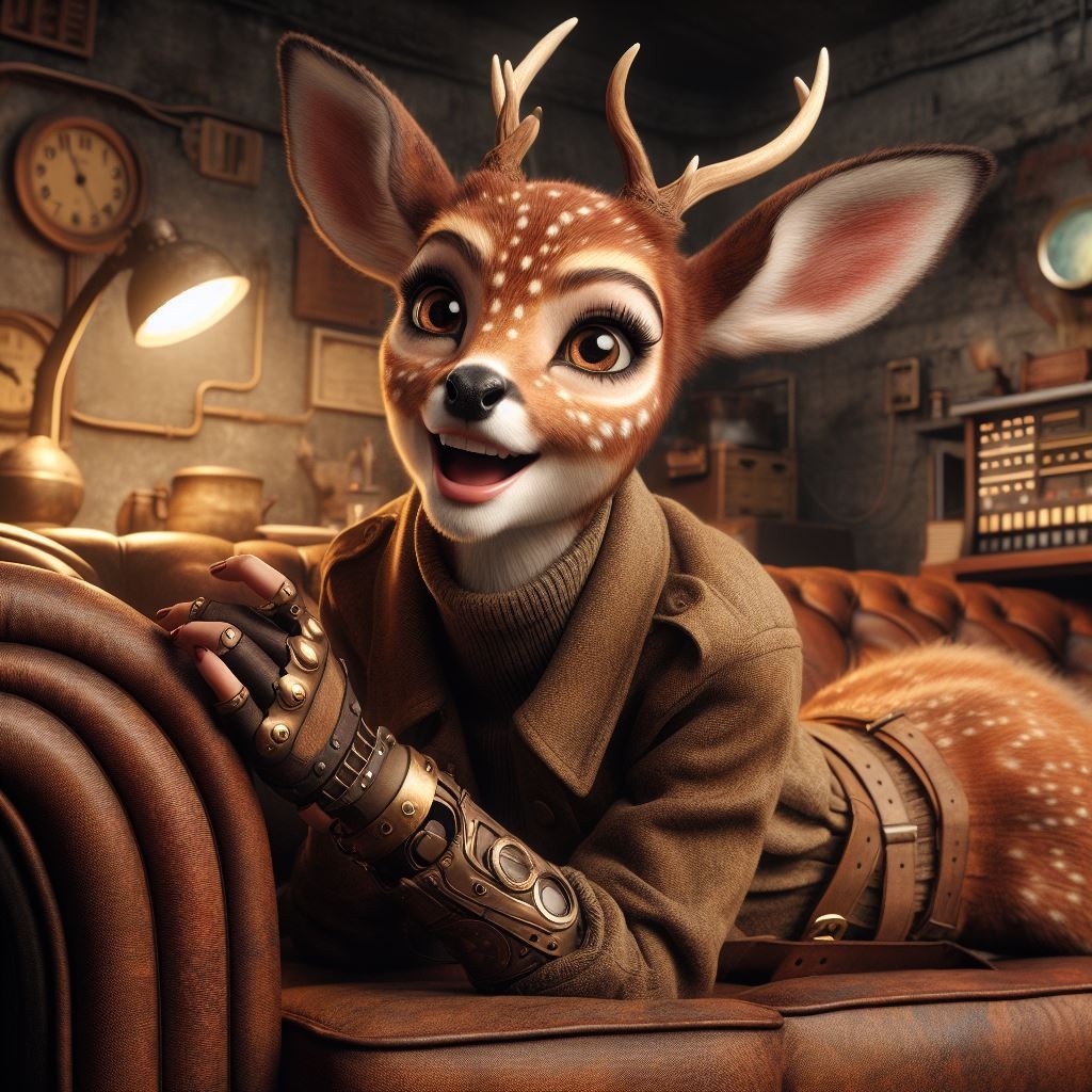 A young fawn with human features smiling at the camera from an overstuffed couch.